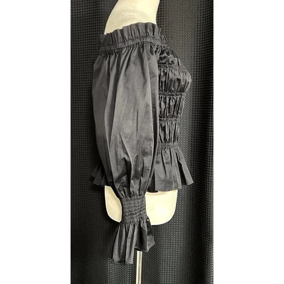 House of Harlow 1960 Black Smocked Off Shoulder Peplum Puff Sleeves Blouse Top L - Picture 7 of 9